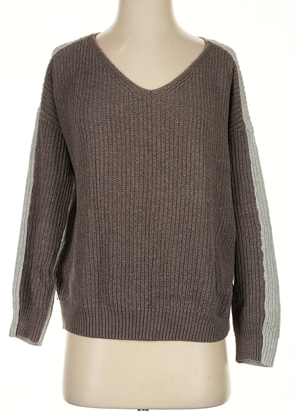 Urban Outfitters Taupe V-Neck Sweater with Light Stripe Sleeves